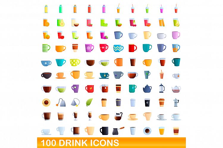 100 drink icons set, cartoon style example image 1