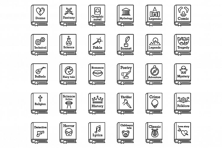 Literary genres book icons set, outline style example image 1