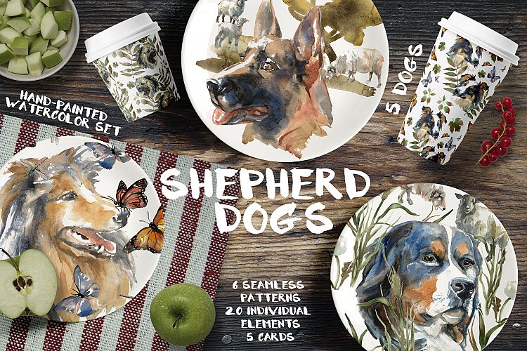 Shepherd dogs watercolor set