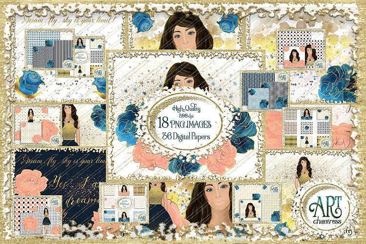 Fashion Girl with roses Clipart design in blue - Huge !
