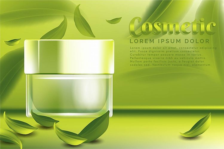 cream jar cosmetic products ad, with green tea leaves backgr