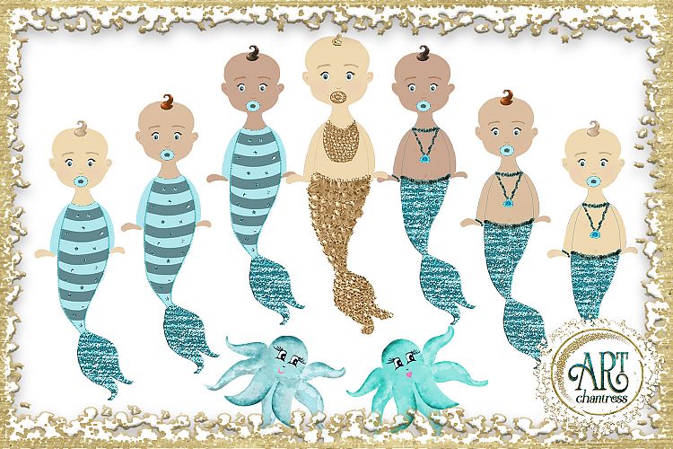 Little Baby Mermaids Clipart design in Turquoise - Sweet Set of 9 PNG files 
