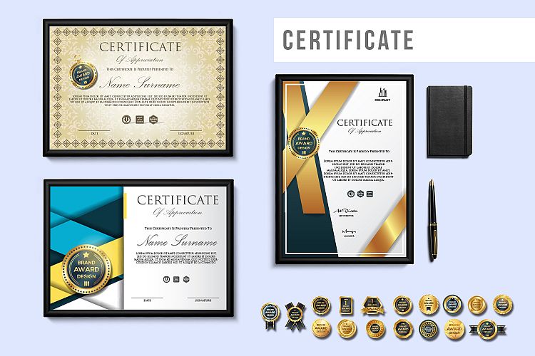 Creative Certificate Design Template with 16 Badge Vol. 1