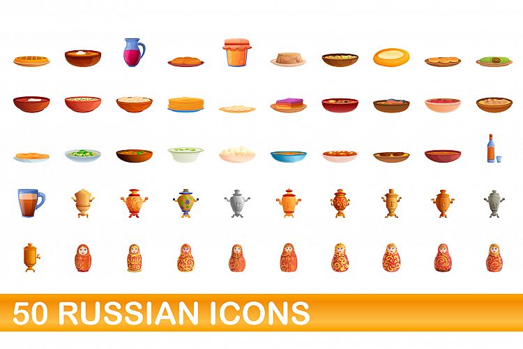 50 russian icons set, cartoon style example image 1