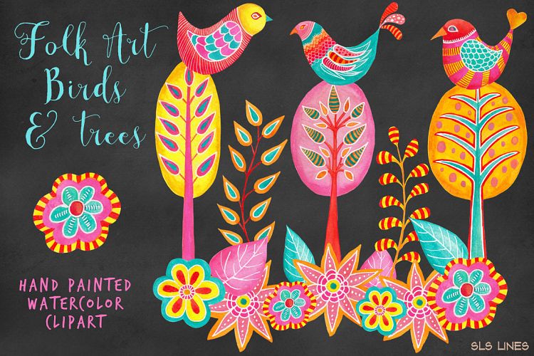 Folk Art Birds & Trees Watercolor Clipart