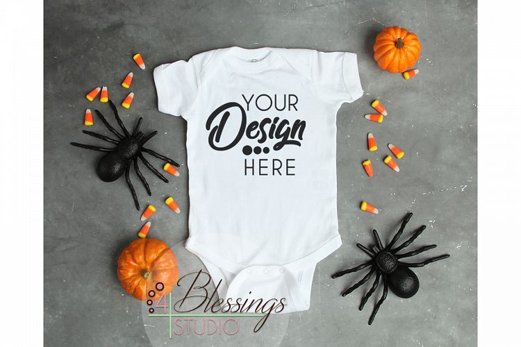Halloween Mockup White One piece bodysuit Fall Flat Lay Baby