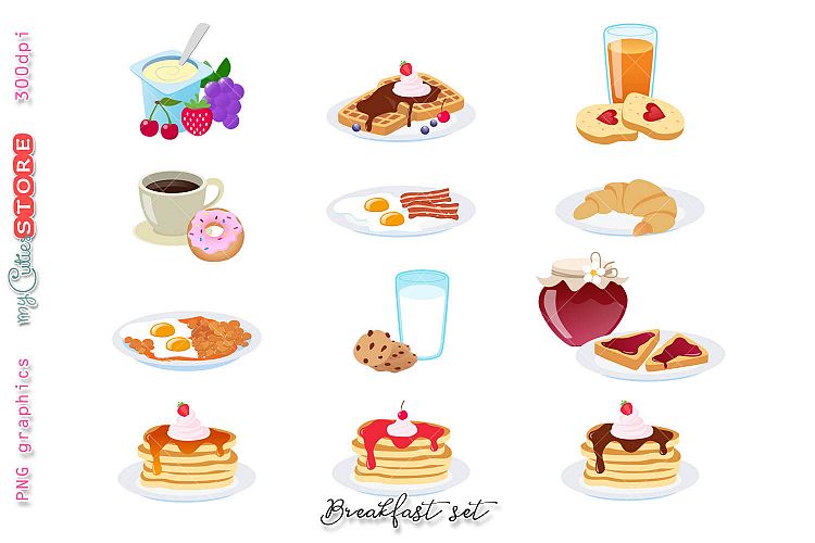 Breakfast collection clipart, yoghurt, bacon with eggs, pancakes, coffee and donuts, mourning routine png graphics planning. 