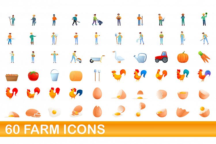 60 farm icons set, cartoon style example image 1
