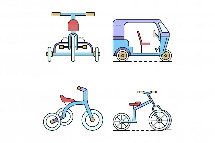 Tricycle icon set line color vector example image 1