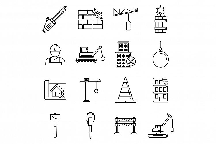 City demolition work icons set, outline style example image 1