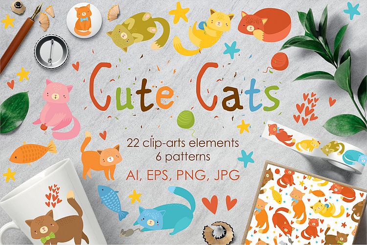Cute cats set clip-art. Patterns