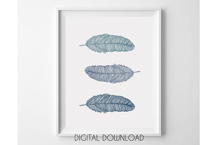 Blue Feather Prints, Bohemian Wall Art Blue, Nursery Poster