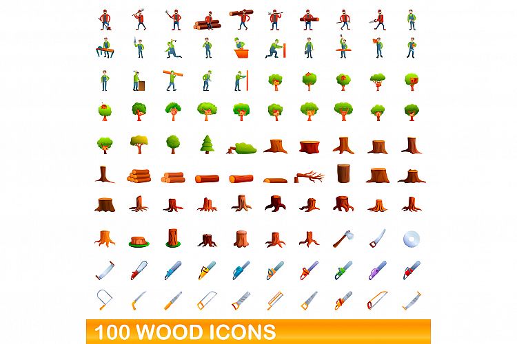 100 wood icons set, cartoon style example image 1