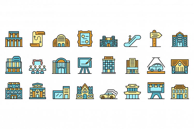 Exhibition center icons set vector flat example image 1