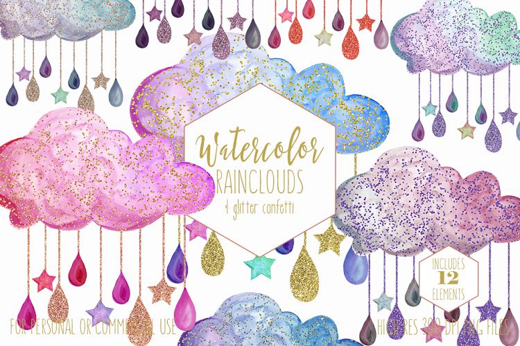 Cute Rainbow Watercolor Rain Clouds & Rain Drops with Metallic Gold Glitter Confetti Baby Shower Clipart Nursery Graphics Set