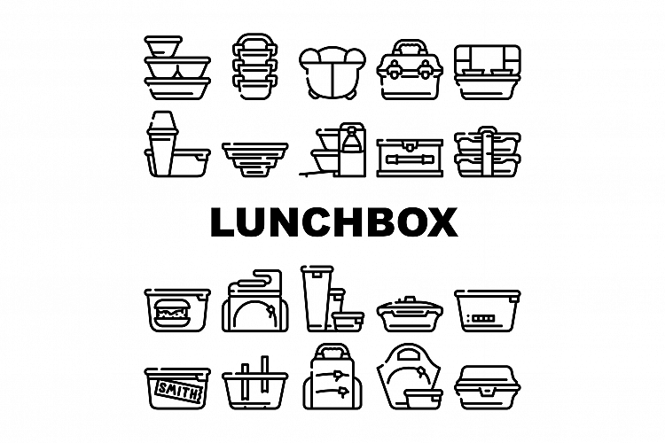 Lunchbox Dishware Collection Icons Set Vector Illustration example image 1