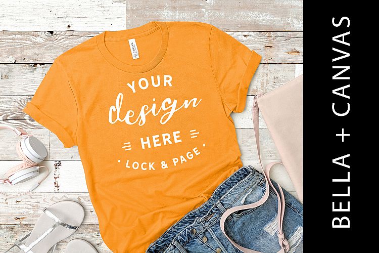 Orange Bella Canvas 3001 T Shirt Mockup Tee Shirt Flat Lay