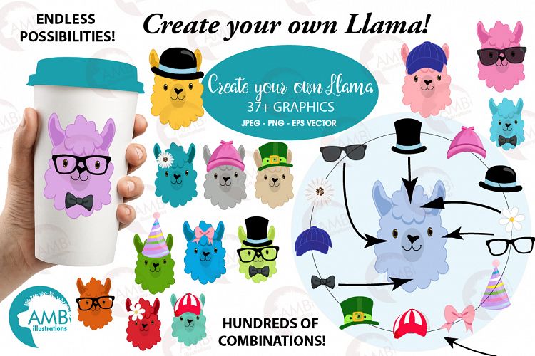 Create your own LLama, DIY Llama Funny Faces clipart, graphics, illustrations, AMB-2376