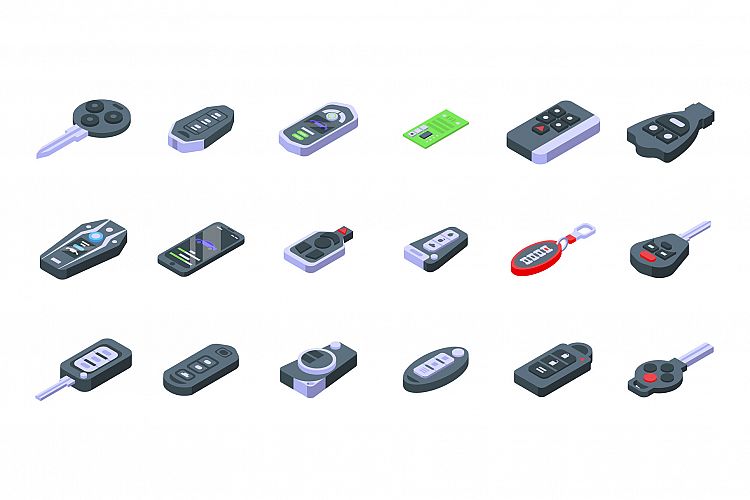 Smart car key icons set, isometric style