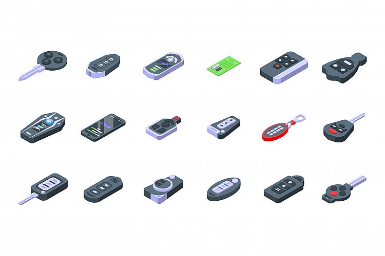 Smart car key icons set, isometric style example image 1