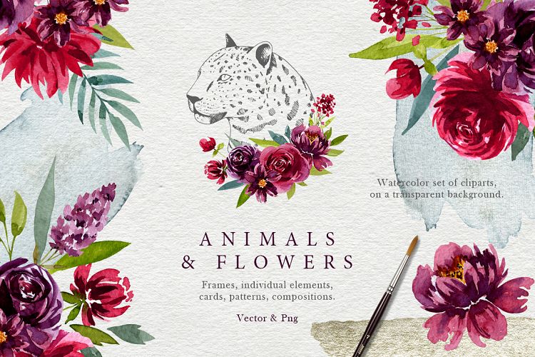 Animals and watercolor flowers