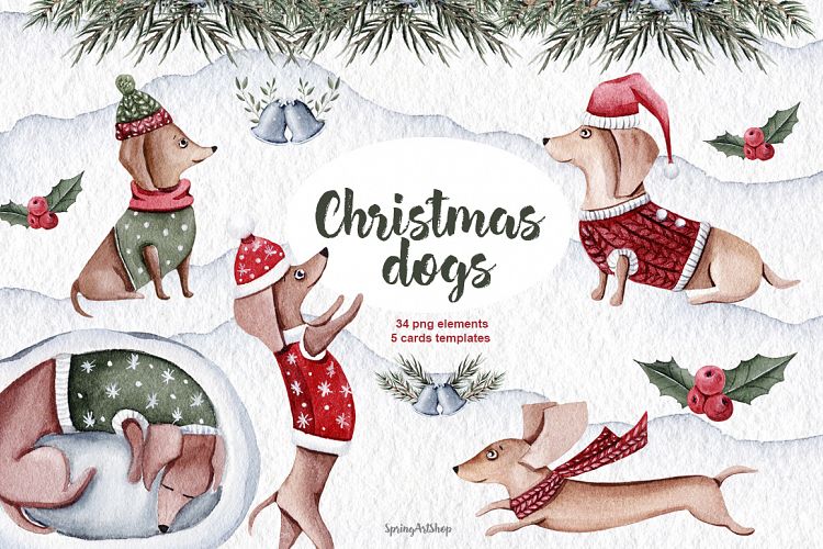 Cute Christmas dogs winter watercolor clipart