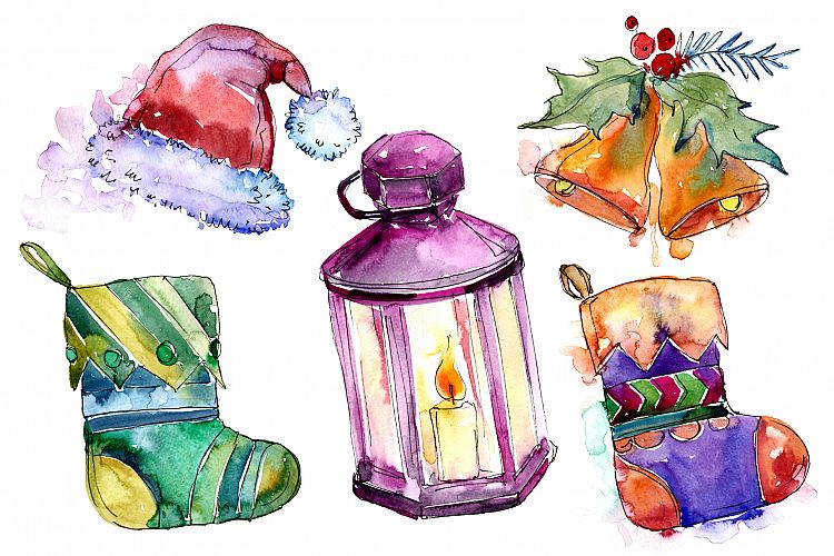 Watercolor Christmas collection elements PNG set 