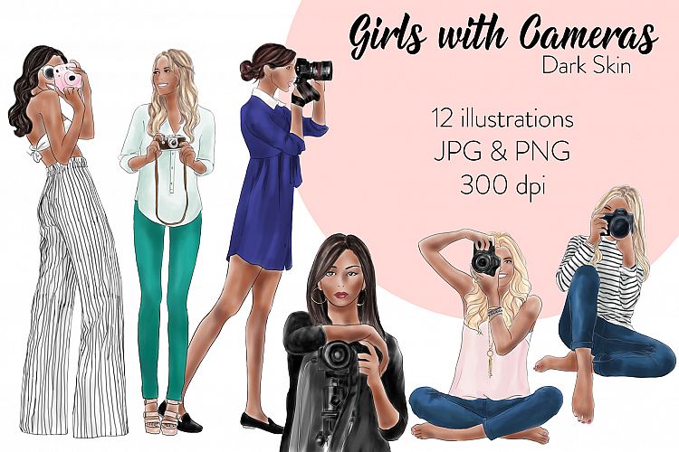 Fashion illustration clipart - Girls with Cameras - Dark skin