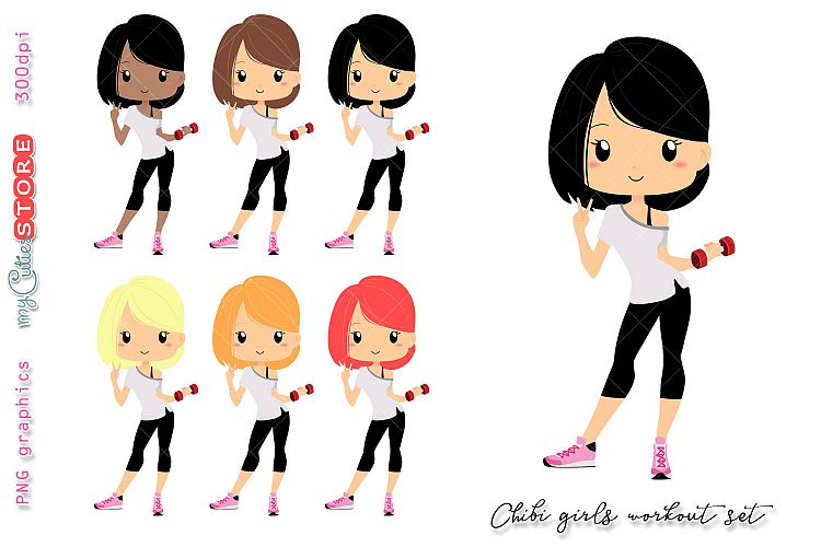 Workout chibi girl clipart, gym cute girls clip art set for planner stickers, cards, tshirts, mugs or digital planning. 
