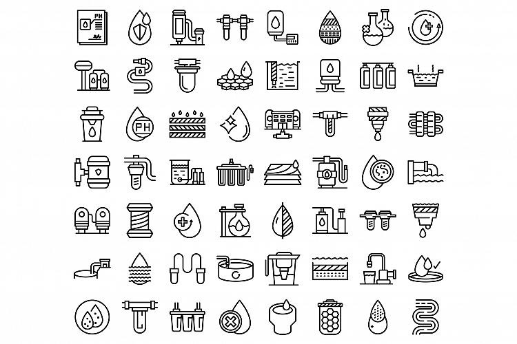 Equipment for water purification icons set, outline style