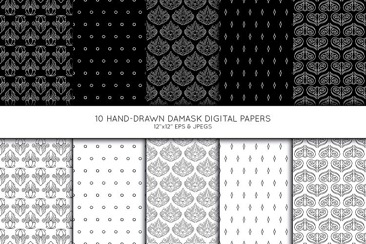 Hand Drawn Damask Digital Paper, Seamless pattern