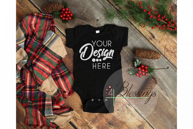 Christmas Mockup Black One piece bodysuit Winter Flat Lay