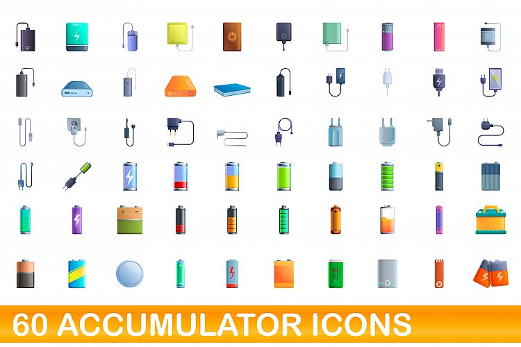 60 accumulator icons set, cartoon style
