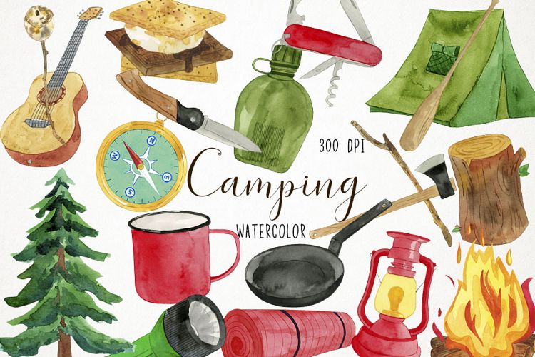 Watercolor Camping Clipart, Camping Clip Art, Boy Scout 