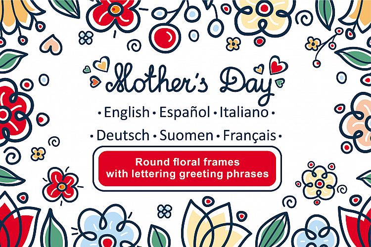 Greeting cards for Mothers Day in different languages. English, German, Finnish, Spanish, Italian, French