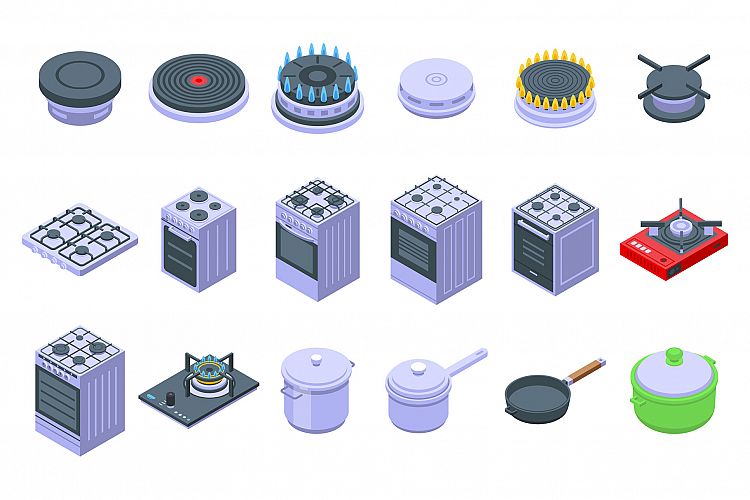 Burning gas stove icons set, isometric style