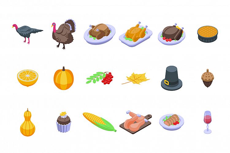 Thanksgiving turkey icons set, isometric style example image 1