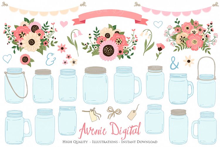 Hot Pink Mason Jar Floral Wedding Clipart