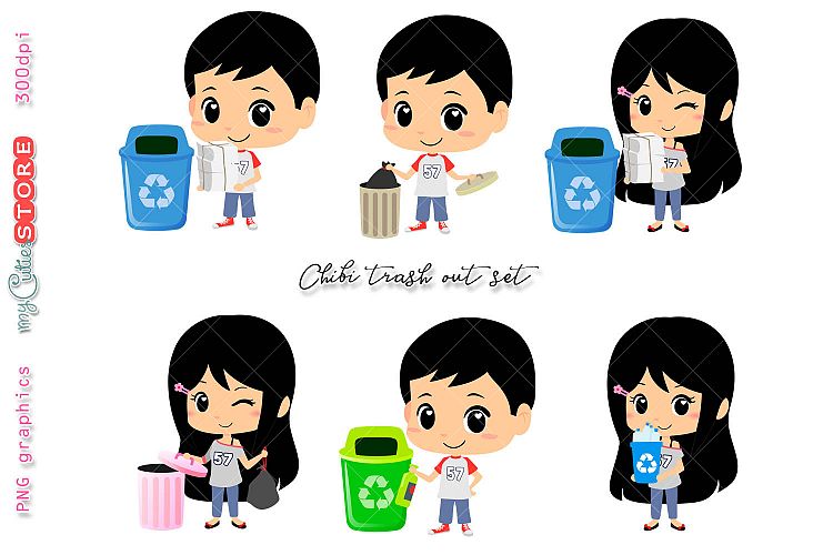 Collection of kids recycling and trash out clipart, kawaii clip art set for planner stickers, crafts, digital planning.