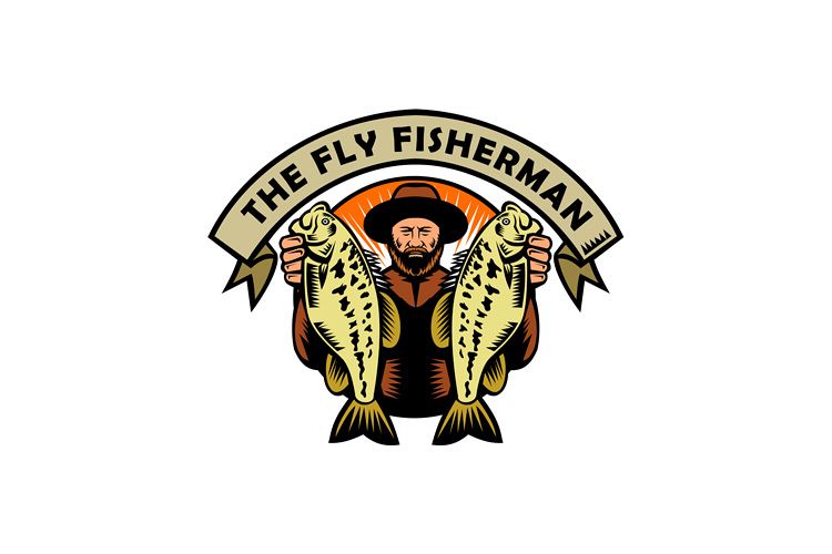 Fly Fisherman Holding Largemouth Bass Woodcut