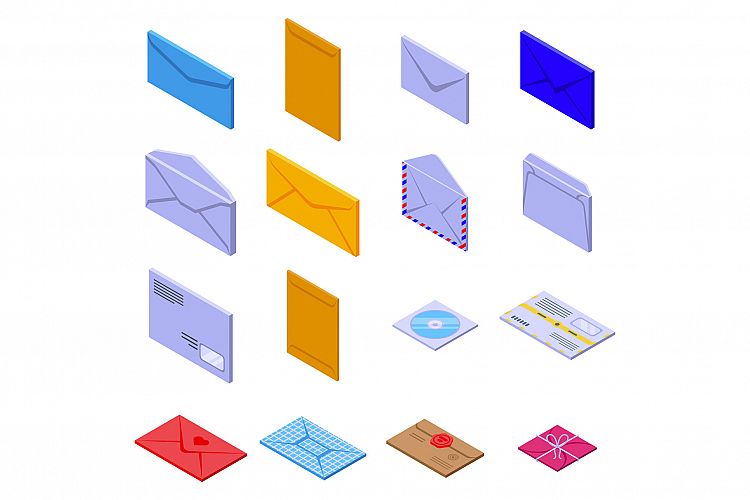 Envelope icons set, isometric style