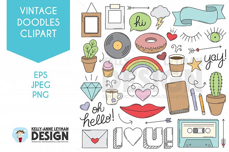 Doodle Retro objects, Trendy Hand drawn Clip Art Set