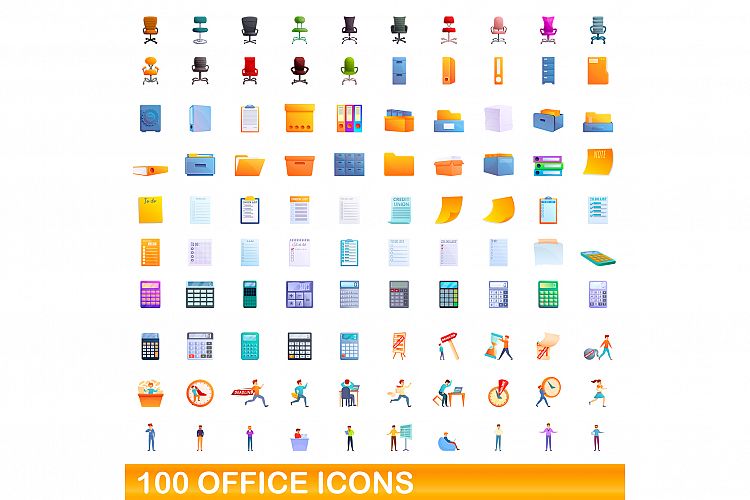 100 office icons set, cartoon style example image 1