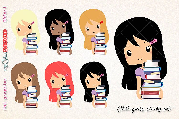 Study chibi girl clipart, woman going library clip art, png graphics set great for digital planning, stickers, cards, invitations.