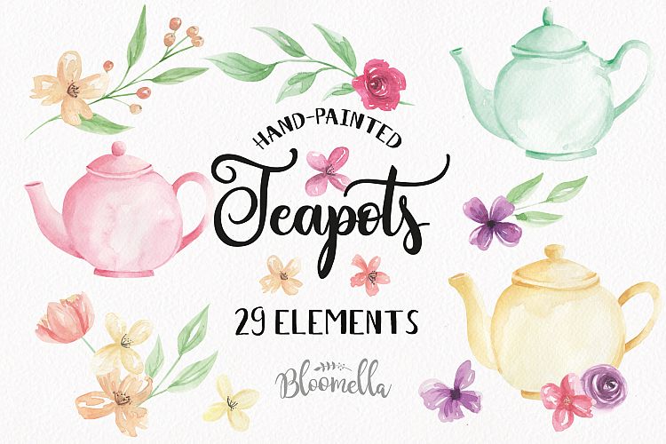 Teapots Floral Clipart Elements Flowers Wonderland 