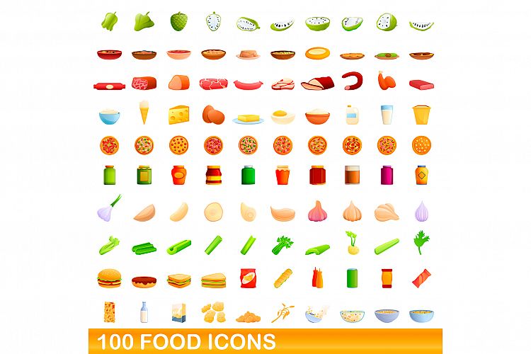 100 food icons set, cartoon style example image 1