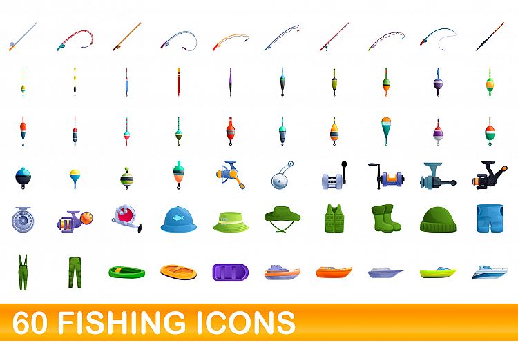 60 fishing icons set, cartoon style example image 1