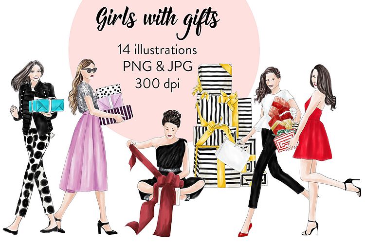 Girls with gifts fashion clipart