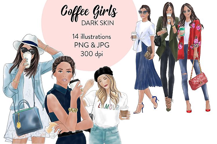 Coffee Girls 1- dark skin watercolour fashion clipart