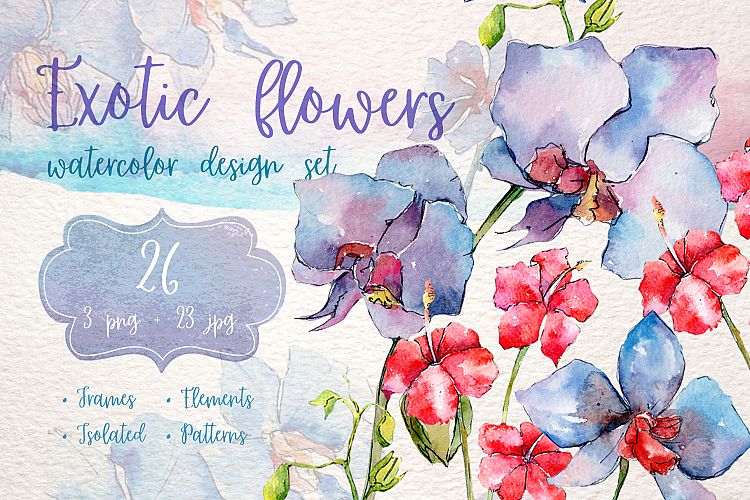Exotic red and blue orchids PNG watercolor set